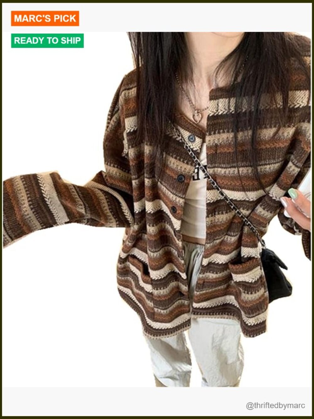 Crewneck Long Sleeve Loose Knitted Cardigan with Button Closure